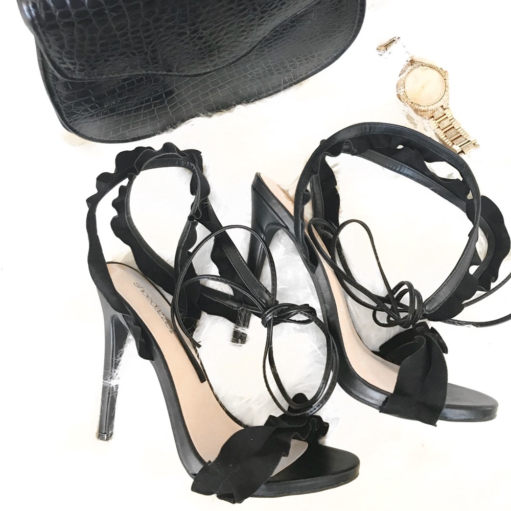 Black Ruffle Tie-Up Sandals